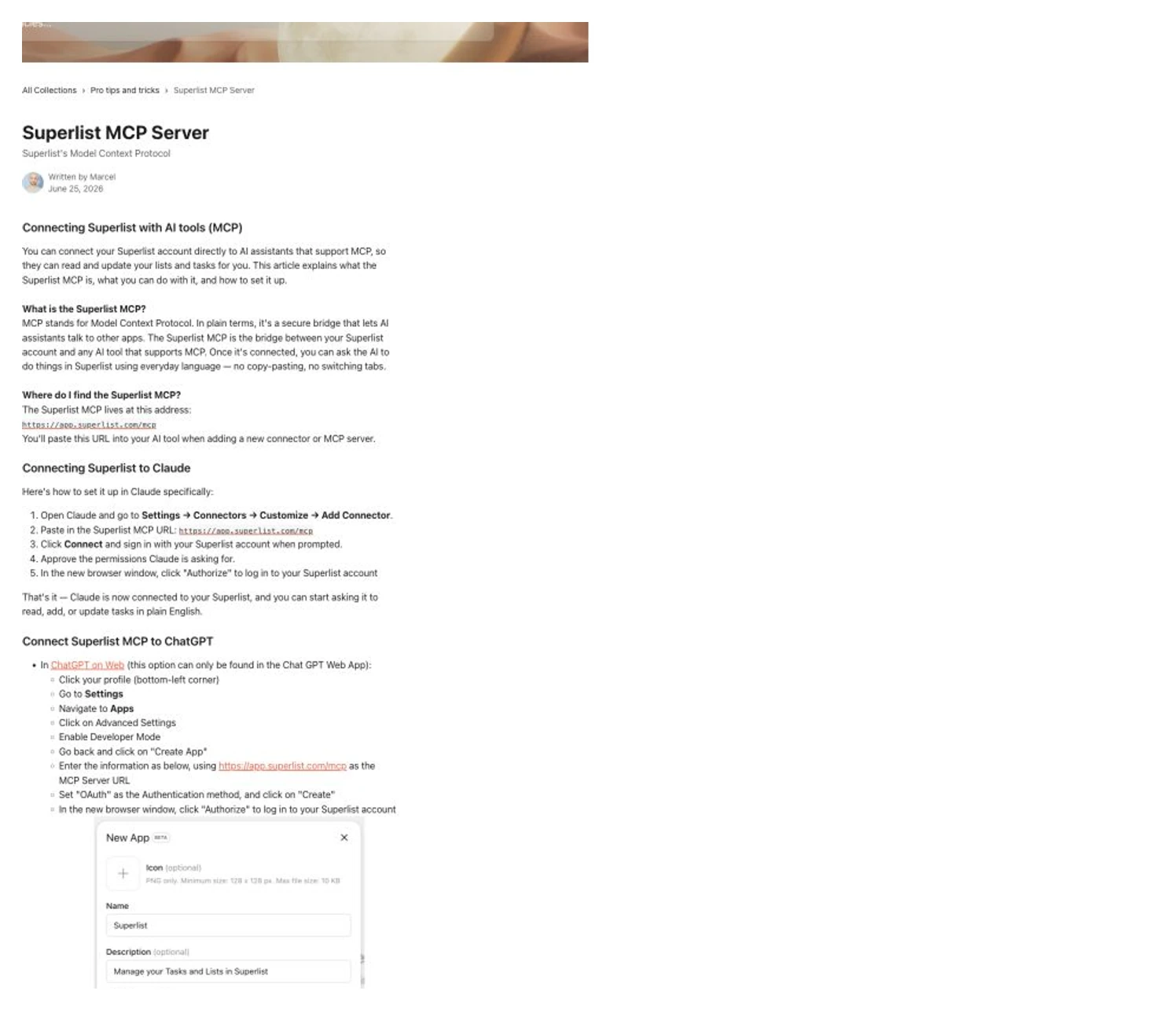 Superlist MCP Help Center page showing AI assistant setup and task read/update capability