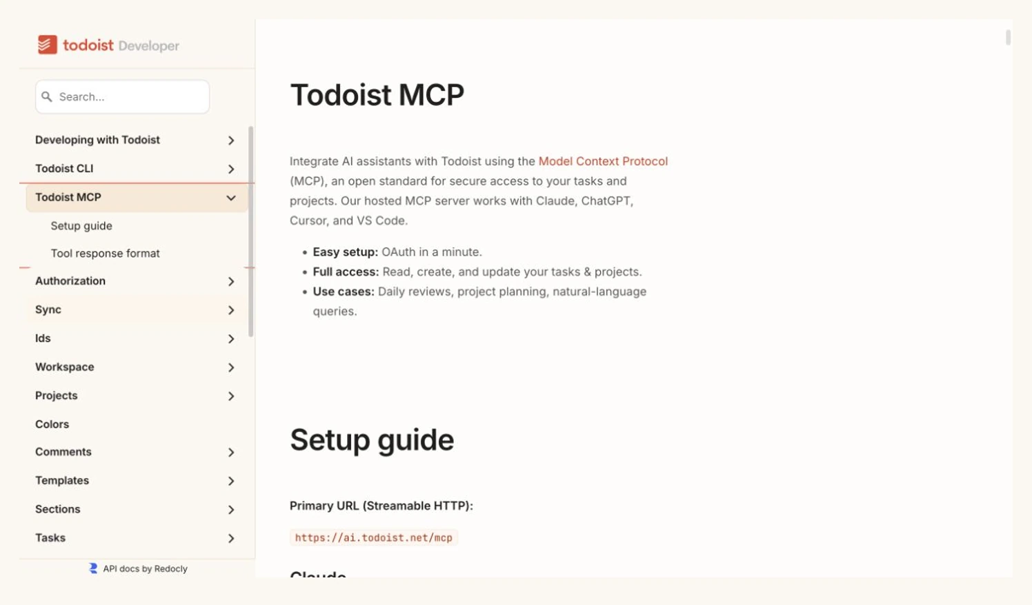 Todoist developer docs showing official Todoist MCP server, OAuth setup, and task/project access