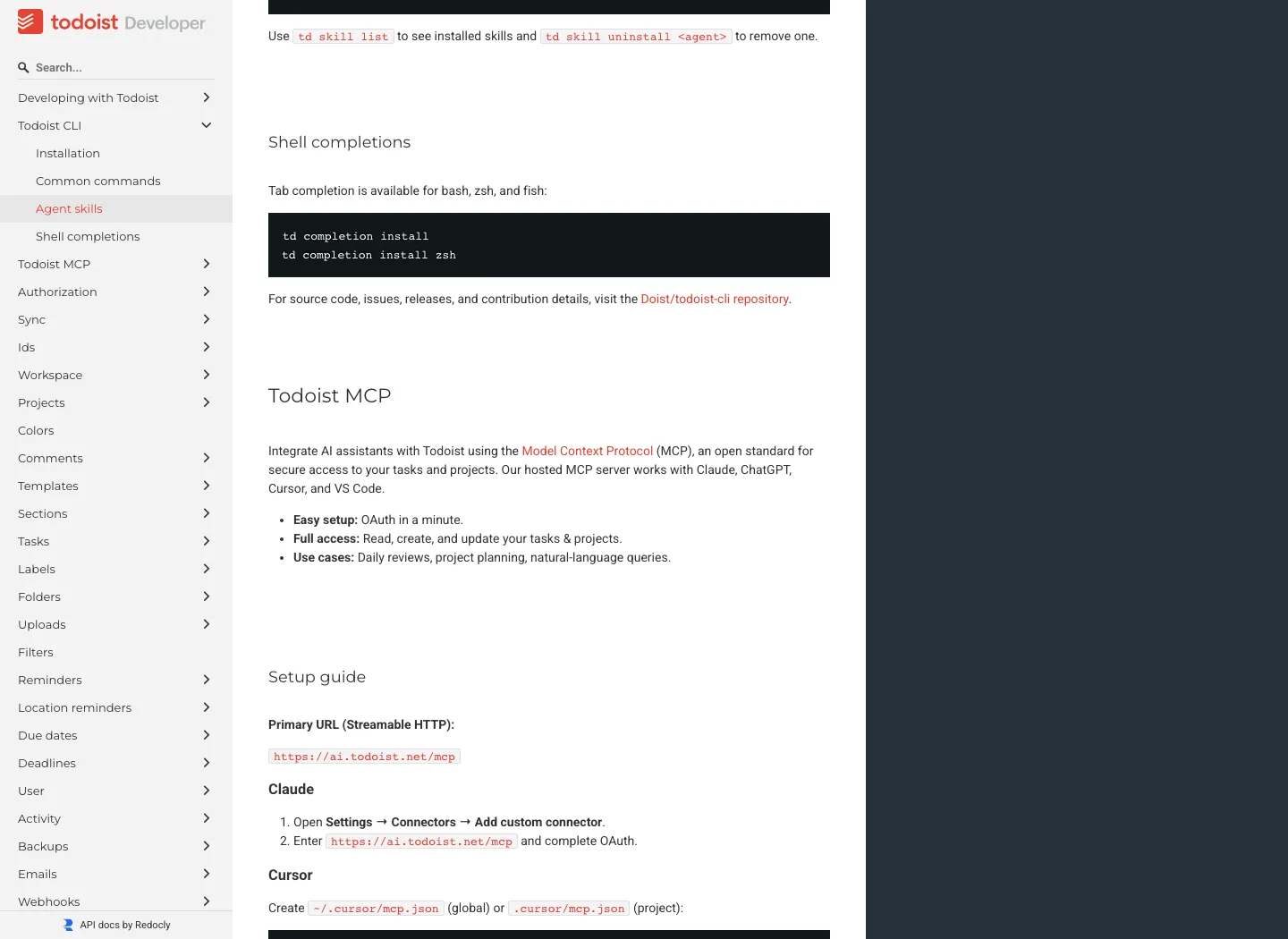 Todoist developer docs showing official Todoist MCP server, OAuth setup, and task/project access