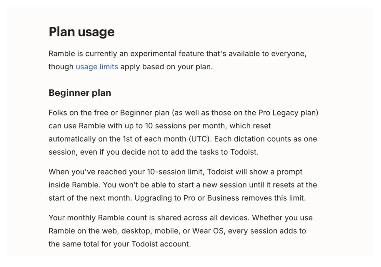 Todoist Ramble help page showing the 10-session monthly limit for Free, Beginner, and Pro Legacy accounts
