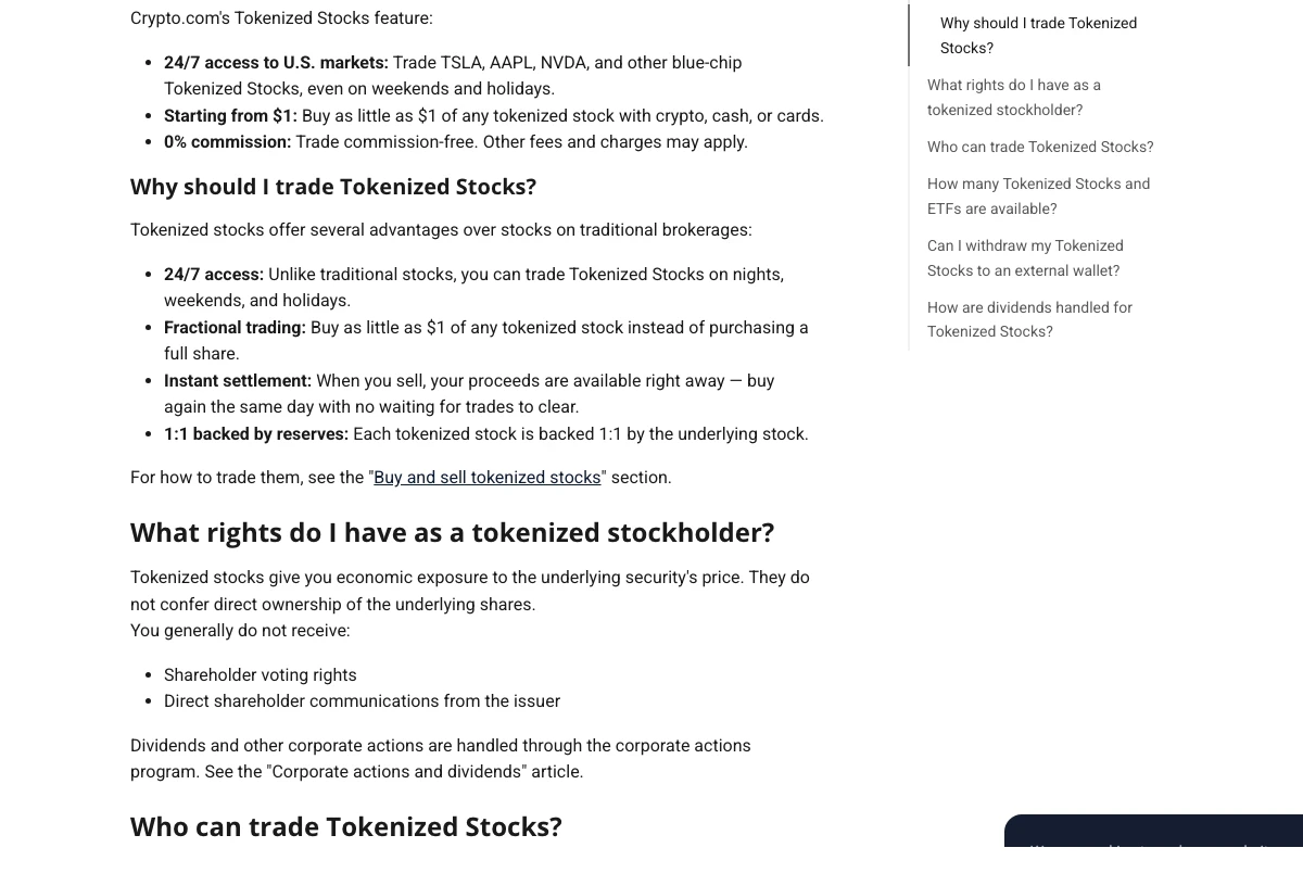 Crypto.com page showing 24/7 access, commission caveat, backing, and no direct ownership