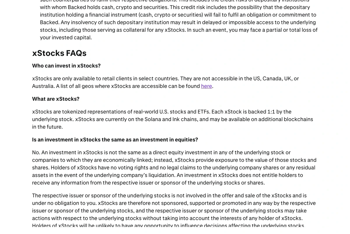 Kraken xStocks FAQ explaining that xStocks are not direct equity investments and do not provide voting rights