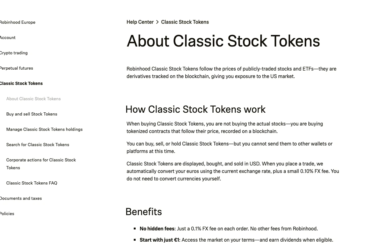 Robinhood help page showing the token contract, wallet restriction, and 0.10 percent FX fee