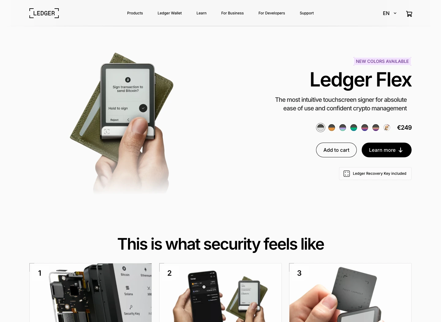 Official Ledger Flex product page showing €249 price, touchscreen signer positioning, and Ledger Recovery Key included