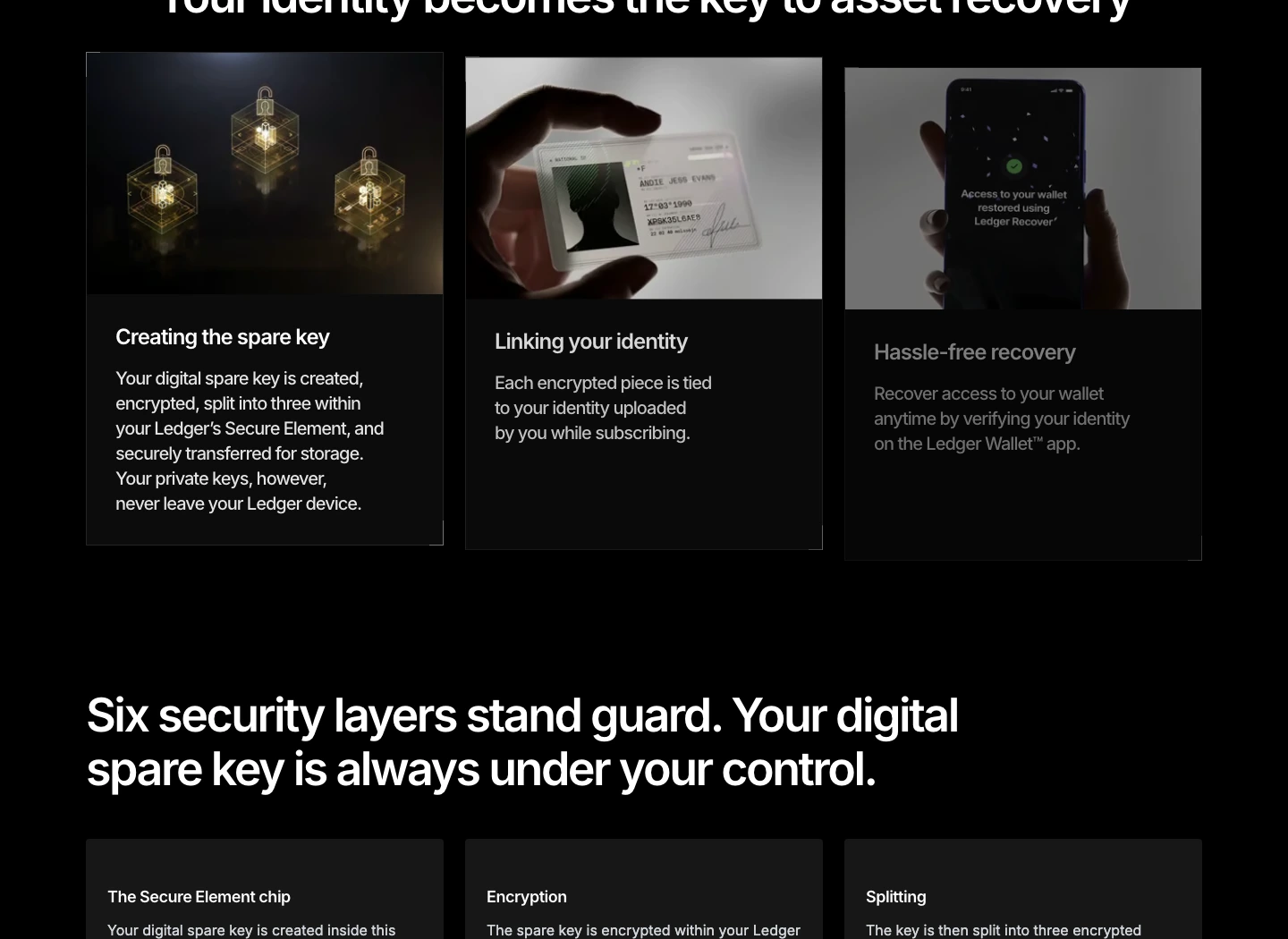 Official Ledger Recover page explaining encrypted backup fragments, identity linking, and recovery through Ledger Wallet