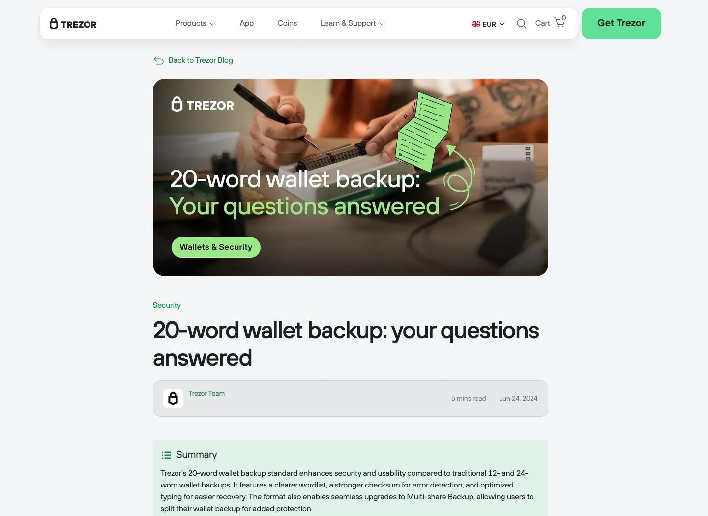 Official Trezor blog post explaining 20-word wallet backup and upgrade path to Multi-share Backup