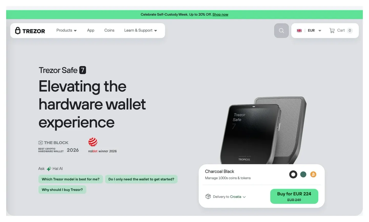 Official Trezor Safe 7 page showing the EUR 224 sale price, EUR 249 list price, device, and Croatia delivery context
