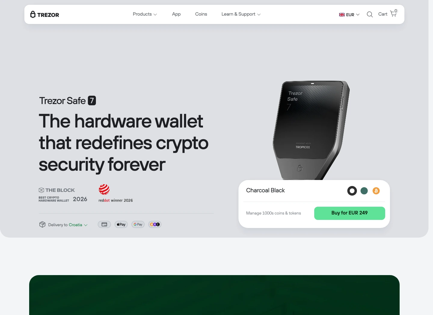 Official Trezor Safe 7 product page showing EUR 249 checkout price, TROPIC01 positioning, and supported coins