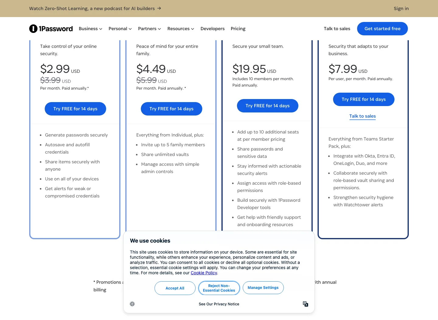 1Password pricing page showing Individual, Families, Teams Starter Pack, and Business plan prices
