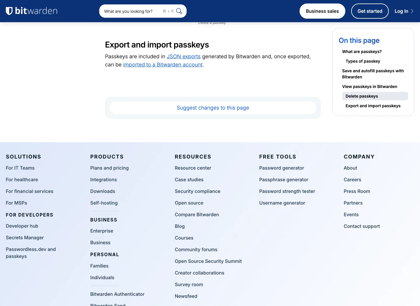Bitwarden help page showing that passkeys are included in JSON exports and can be imported to a Bitwarden account