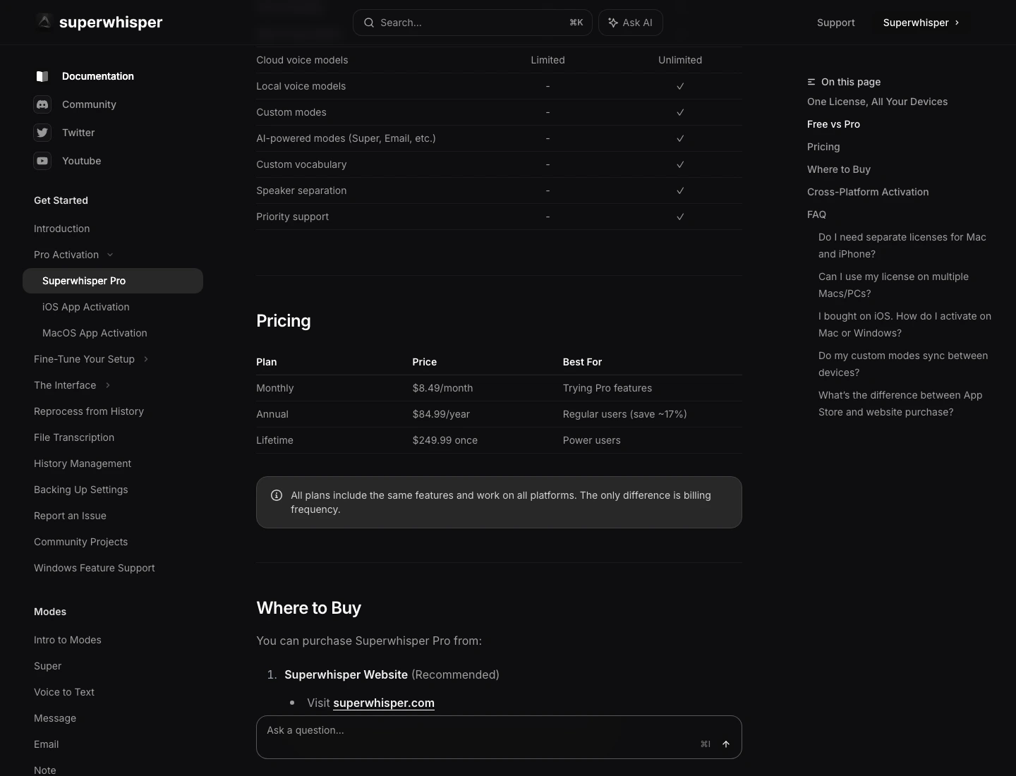 Superwhisper official Pro documentation showing monthly, annual, and lifetime pricing