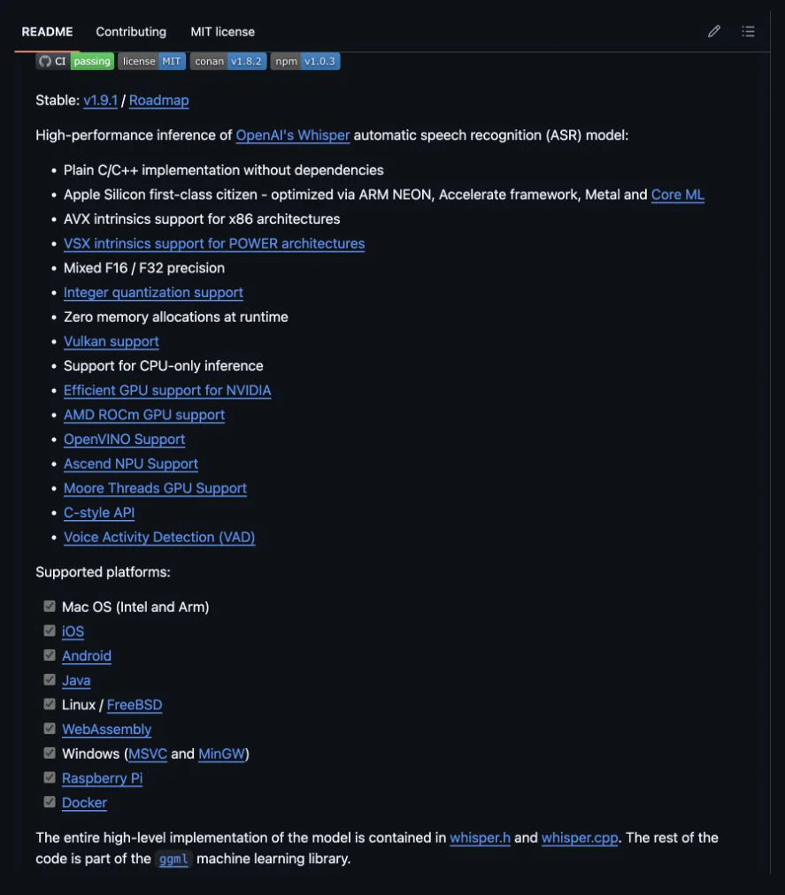 Whisper.cpp GitHub repository showing MIT license and local Whisper inference description