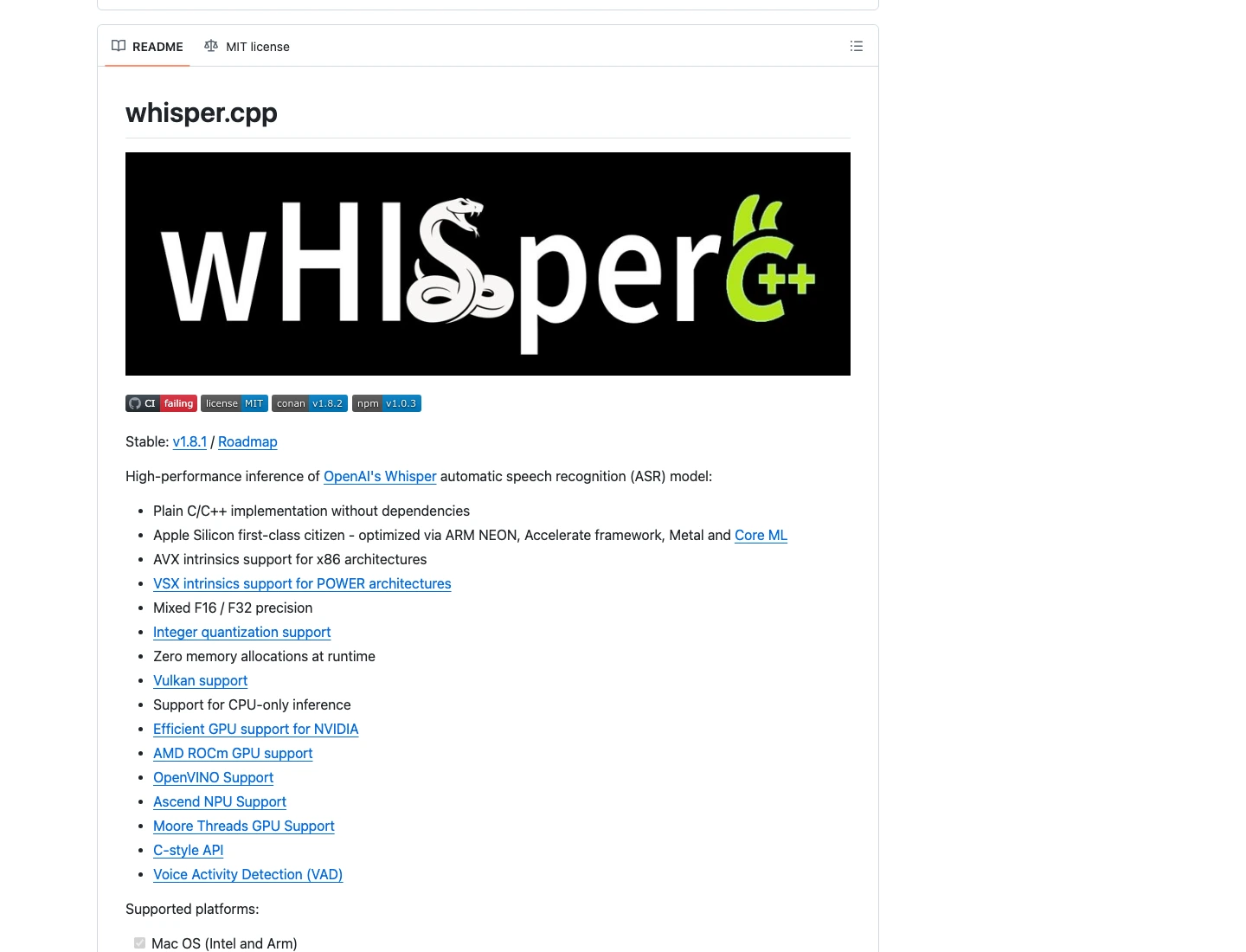 Whisper.cpp GitHub repository showing MIT license and local Whisper inference description