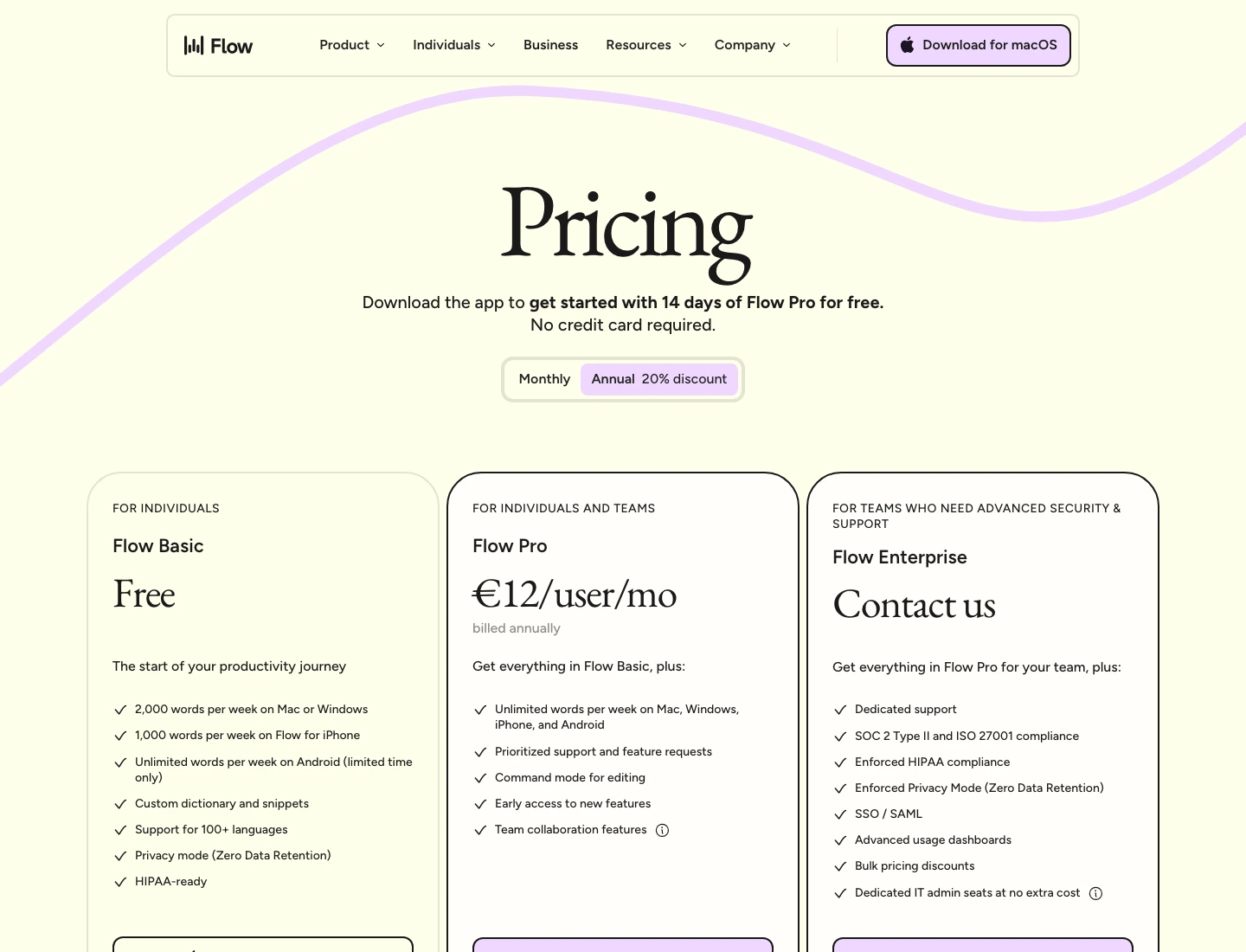 Wispr Flow official pricing page showing Basic free, Pro annual pricing, and Enterprise contact sales