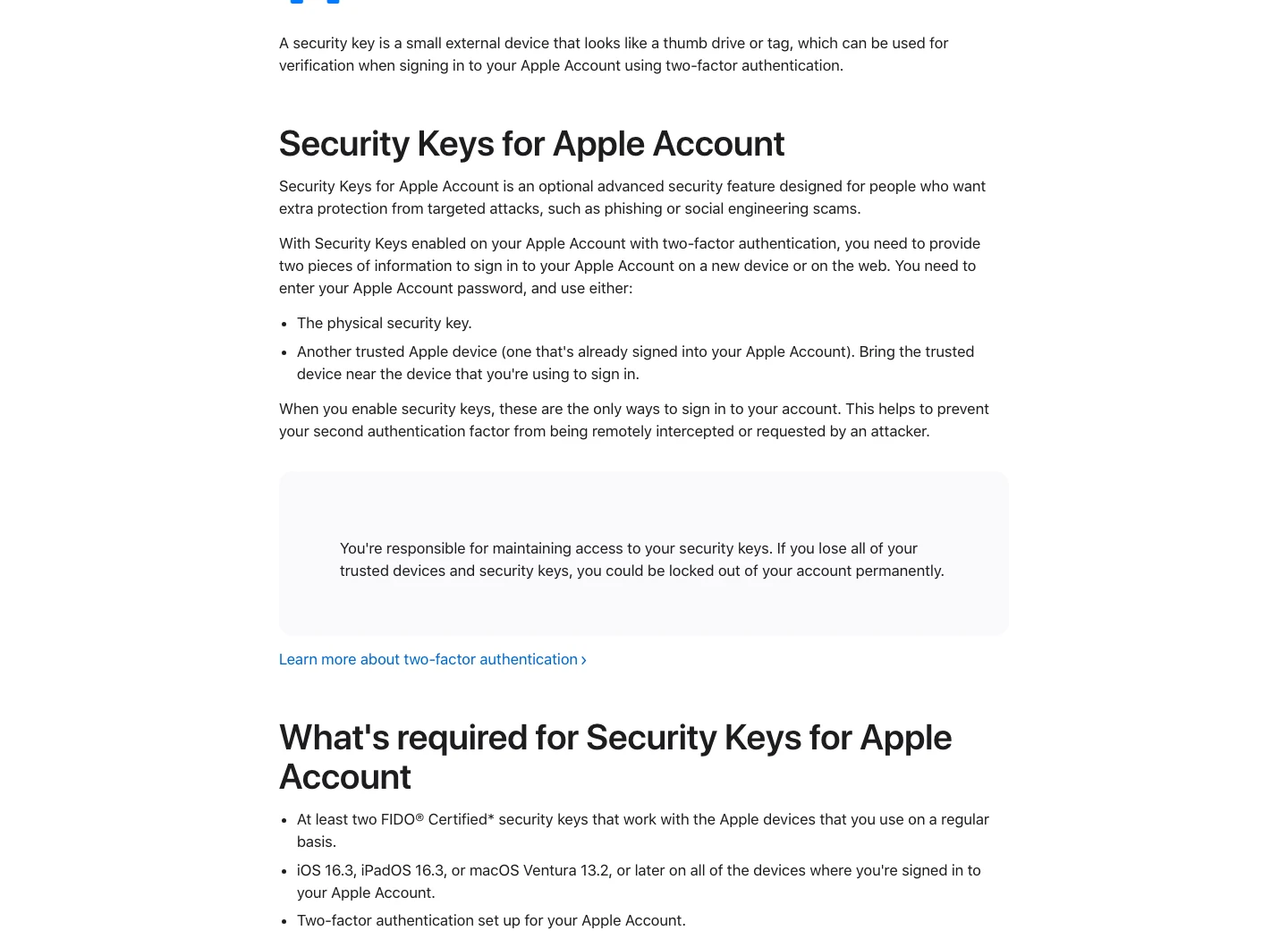 Apple Support page showing the requirement for at least two FIDO Certified security keys and lockout responsibility