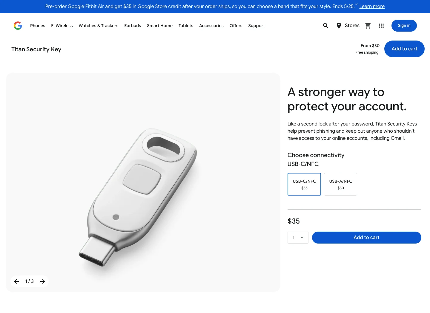 Google Store product page showing Titan Security Key USB-C NFC and USB-A NFC options with $35 and $30 prices