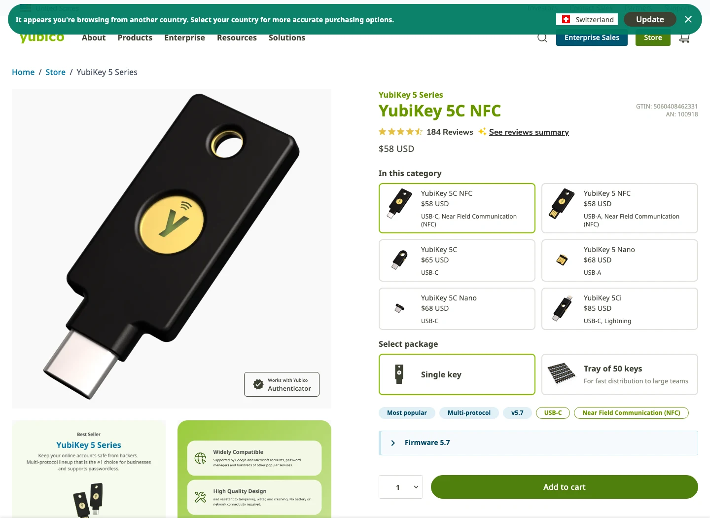 Official Yubico product page showing YubiKey 5C NFC price, USB-C NFC option, firmware 5.7, and multi-protocol labels